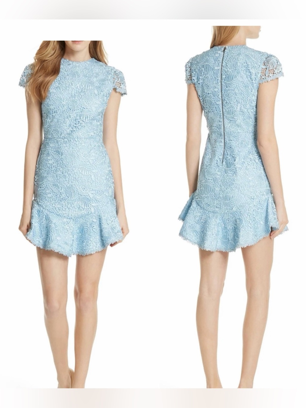 Alice + Olivia Light Icy Blue Rapunzel Curve Hem Lace Fit & Flare Dress Size 4
